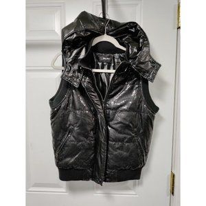 Miss Me Womens Faux Leather Hooded Sleeveless Full Zip Vest Jacket Black Large